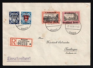 1939 (23 Oct) Danzig Gdansk, Germany, Registered Cover from Sopot (Poland) to Reutlingen (Germany) franked with 40Rpf, 50Rpf, 1Rm, 2Rm, with red registration label