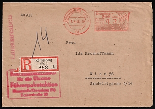 1943 (1 Apr) Third Reich, Germany, Stampless Registered Сover from the Office of the Reich Commissariat Ukraine in Konigsberg (now Kaliningrad, Russia) to Vienna (Austria), with red Francotype Machine Postmark '42', registration handstamp, large rectangular red Handstamp 'Reich Commissioner for Ukraine, Fuhrer Package Campaign, Office Konigsberg, Kaiserstrasse 30', blue Official Mail Seal Label on the back side 'The Reich Commissioner for Ukraine',  blue crayon postal marking '14'
