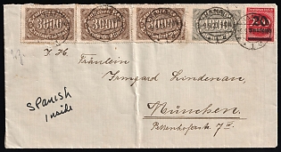 1923 Weimar Republic, Germany, Cover from Hanau to Munich, franked with 1000m, 3 x 3000m, 20Tsd on 200m, with Handwritten note 'Spanish inside'