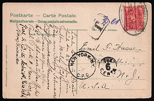 1923 Weimar Republic, Germany, Picture Postcard from Bremen to Central Post Office in New York (U.S.A.), franked with 10m, with blue crayon postal marking, with Rectangular Handstamp 'T.', with surcharge Handstamp 'DUE 6 CENTS'