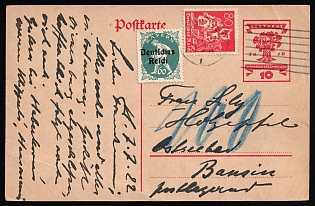 1922 (8 Jul) Weimar Republic, Germany, 10pf Postal Stationery Postcard from Hannover to Bansin, additionally franked with 60pf, 80pf, with blue crayon postal marking, Roller Cancellation