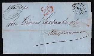 1860s Stampless letter sheet from Iquique (Peru) to Valparaíso (Chile), payment postmark red cachet rate "25". Oval black forwarding agent handstamp "A. FRERES & Cª / IQUIQUE" with handwritten route "p. "San Carlos" which translates to "By steamer San Carlos" on the upper left, black dotted oval "IQUIQUE" origin postmark. No arrival postmark