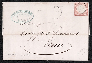 1866 (7 Jan) Letter sheet from Tacna (Peru) to Lima (Peru), franked with 1d (Peru), canceled by Tacna postmark. Oval blue-green forwarding agent handstamp "PRUDHOMME HERMANOS / Y Cª PERDUSSIN / TACNA"