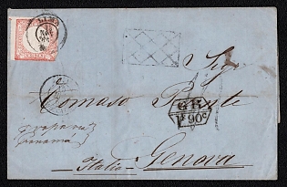 1865 (13 Nov) Letter sheet international letter sheet from Lima (Peru) to Genoa (Kingdom of Italy), franked with 1d (Peru), canceled by Lima origin postmark, handwritten ship directive "Via Panama" on front, red Anglo-French accountancy bulk-rate exchange handstamp "FR / 1F 90c" on front, handwritten inbound charge rate marking "1.4" (Lire) on front. Via London December 14, 1865. Via Calais December 15, 1865. Via Paris December 15, 1865. Arrive in Genoa December 19, 1865