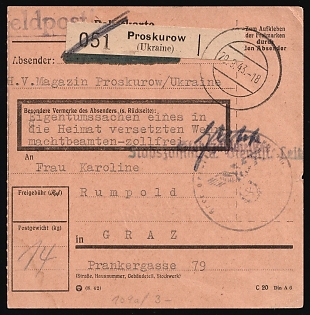 1943 (29 Sep) Ukraine, German Occupation, Germany, Field Post Feldpost Package card from Army food supply store in Proskurow (now Khmelnytskyi, Ukraine) to Graz (Austria), text in a frame: 'Personal belongings of a Wehrmacht official transferred to his homeland are exempt from customs duties', with blue Official Handstamp Wehrmacht infantry division, with blue crayon postal marking, on the reverse side recipient's receipt of the cargo