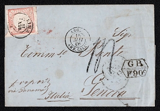1866 (13 Apr) International letter sheet from Lima (Peru) to Genoa (Kingdom of Italy), franked with 1d (Peru), canceled by Lima origin postmark, handwritten ship directive "Via Panama" on front, red Anglo-French accountancy bulk-rate exchange handstamp "FR / 1F 90c" on front, handwritten inbound charge rate marking "1.4" on front. Via Callao April 14, 1866. Via London May 14, 1866. Via Calais May 15, 1866. Via Paris May 15, 1866. Arrive in Genoa May 17, 1866