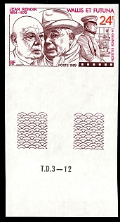 1989 Jean Renoir, 'The Great Illusion', Territory of the Wallis and Futuna Islands, Imperforate Variety, Margin, Sheet Inscription