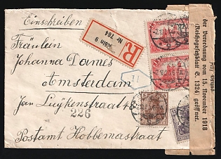 1920 Weimar Republic, Germany, Registered Censorship Cover from Cologne to Amsterdam (Netherlands), franked with Pair 1m, 5pf, 15pf, with Censorship tape: 'Opened on the basis of a resolution dated November 15, 1918', with censor's personal number blue hexagonal Handstamp '11', number '226', red registration label