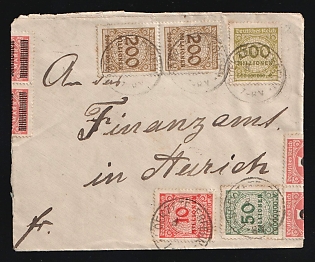1923 Weimar Republic, Germany, Cover from Boekzetelerfehn to Tax office in Aurich, franked with 10Mio, 50Mio, 2 x 200Mio, 500Mio, 2 Blocks of 20 x 2Mio on 5000M