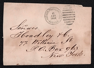1885 (6 Apr) Pre-philatelic stampless international letter sheet from Panama (at that time, Colombia, Colombian stamps began to be used in Panama only in 1887), to New York (USA). On the back, the oval cachet postal agent "S. DELLATORRE & CA"