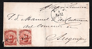 1865 (2 Mar) Letter sheet from Arica (Peru) to Arequipa (Peru), franked with two 10c (Peru), canceled by Arica postmark. Arrived in Arequipa March 5, 1865