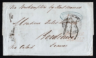 1854 (5 Jul) Pre-philatelic stampless international letter from Montevideo (Uruguay) to Bordeaux (France), payment postmark handwritten rate probably "45" on the front, small handwritten "16" on upper left. Oval blue-green forwarding agent handstamp "RUNGE BORNFEELD & Cª" on front, red boxed "COLONIES / &c ART. 13" accountancy handstamp on front, black circular "MONTEVIDEO / 5 / JUL. / 54" origin postmark on front