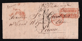 1853 (5 Jan) Pre-philatelic stampless international letter from Montevideo (Uruguay) to Lanne (France), cash payment postmark handwritten rate "1S", probably 15 on the front. Handwritten ship directive "Packet Anglais", handwritten destination "France", red boxed "COLONIES / &c ART. 13" accountancy handstamp, black circular double-ring "CORREO DE MONTEVIDEO" origin postmark on reverse. Via England February 18, 1853. Via Paris February 19, 1853. Via Aramits February 21(22), 1853. No arrival postmark