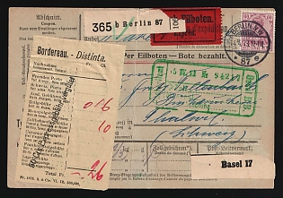 1913 (14 Apr) German Empire, Germany, Durch Eilboten Express Delivery receipt from Berlin to Thalwil (Switzerland) via Basel (Switzerland), franked with 2 x 60pf, with white registration label '365 b Berlin 87' and transit registration label 'Basel 17', Rectangular green custom Handstamp '15 IV. 13 № 94217', customs receipt with note '50 cents express fee reimbursed'