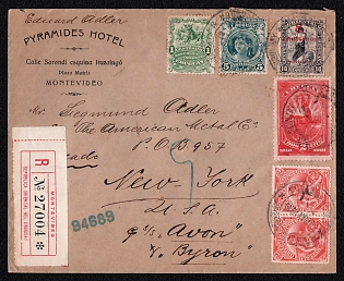 1910 (25 May) Registered international cover from Montevideo (Uruguay) to New York (USA), franked with 1c, three 2c, 5c and 10c with overprint 8c (Uruguay), canceled by Montevideo postmark. Arrived in New York June 18, 1910