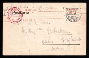 1915 (20 Feb) Germany, Military Censorship Postcard from Spandau-Ruhleben Prisoner of War English Camp (near Berlin, Germany) to Birkenhead (Cheshire, Great Britain), with red round Сensorship Handstamp 'Allowed by censorship Ruhleben', roller post office cancellation 'London F.S. Paid', blue handstamp postal mark 'F.a.
