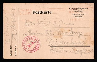 1916 (20 Feb) Germany, Military Censorship Postcard from Ruhleben Prisoner of War English Camp (near Berlin) to Birkenhead (Cheshire, Great Britain), with red round Сensorship Handstamp 'Allowed by censorship Ruhleben', roller post office cancel 'London F.S. Paid', red handstamp postal mark 'F.a.', red round postal marking 'D'