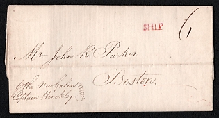 1808 Pre-philatelic stampless international letter sheet from the ship "the Nuvfalen" (Great Britain) to Boston (USA), payment postmark red cachet "ship" (sent from ship) and rate cachet "6"