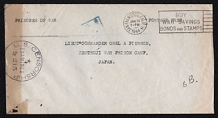 1944 (19 Jan) Stampless free censored cover prisoner of war mail from San Francisco (USA) to Zentsuji Camp (Japan). Postmark of USA censorship (215) and Japan censorship cachet on front