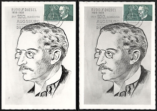 1958 (18 Mar) Federal Republic of Germany (FRG), '100th Anniversary of Rudolf Diesel', Commemorative Picture Postcards with Augsburg Postmark, Thematic Group