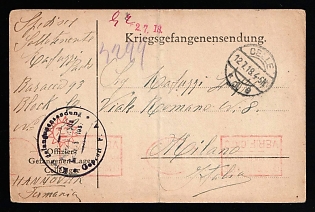 1918 (12 Jul) Germany, Military Censorship Postcard from Celle Prisoner of War Camp (near Hannover, Germany) to Milan (Italy), with dark blue round Handstamp 'Officers prisoner of war Celle camp', machine rectangular and oval red military censorship cancellations 'Checked for censorship', with the image of the sun with a face, blue crayon postal marking
