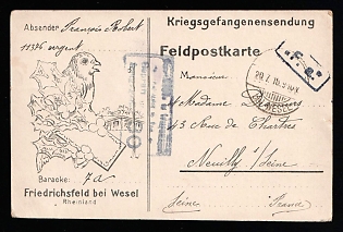 1918 (29 Jul) Germany, Military Censorship Postcard from Friedrichsfeld Prisoner of War Camp (near Wesel, Rhineland, Germany) to Neuilly-sur-Seine (France), with blue rectangular military censorship cancellation partially blurred, blue handstamp postal mark 'F.a.', prisoner number, rank, barrack number: '11376, sergent, barrack 7a'