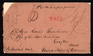 1847 (14 Dec) Pre-philatelic stampless international cover (with attachment) from Hong Kong (Great Britain Сrown Colony) to Grafton (USA), payment postmark handwritten rate "10", red crown-in-circle "PAID AT HONG KONG" handstamp on front, red "PAID" handstamp on front, large handwritten rate "4/" on front, black circular "HONG-KONG / DE 30 / 1847" origin postmark on reverse, black wax seal on reverse