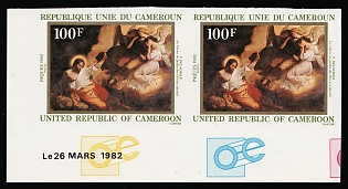 1982 100fr Easter, Republic of Cameroon, Pair, Trial Color Proof, Imperforate, Margin, Sheet Inscription