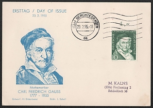 1955 (23 Feb) Federal Republic of Germany (FRG), '100th Anniversary of the Death of Carl Gauss', Commemorative First Day Postcard franked with 10pf