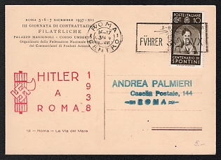 1938 'The Fuhrer in Rome', Third Reich, Germany, Nazi Propaganda Postcard from Rome (Italy) franked with 10c, Commemorative Cancellation 'Fuhrer DVX'