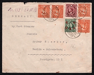 1938 (26 Sep) International cover from Wuping (China) to Berlin (Germany), franked with four 1c, 20c, and 4c with overprint 1c (China), canceled by Wuping postmark. Printed text "by Fast Steamer". No arrival postmark