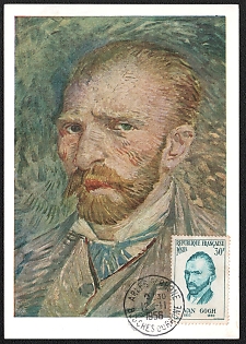 1956 (12 Nov) French Republic, 'Reproduction of Painting 'Self-Portrait' by Vincent Van Gogh', Commemorative Picture Postard franked with 30f
