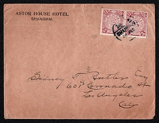 1905-10s (13 Dec) International cover from Shanghai (China) to Los Angeles (USA), franked with two 5c (China), canceled by Shanghai postmarks. Via Canton. No arrival postmark