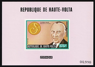 1973 175f Personalities and Their Zodiac Signs, K. Adenauer, Capricorn, Republic of Upper Volta (Burkina Faso), Souvenir Sheet, Plate Number
