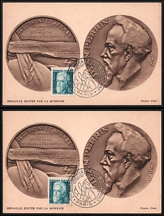 1952 (11 Nov) French Republic, 'Reproduced Commemorative Medal 'Electrons and Atoms' Dedicated Jean Perrin' Commemorative Picture Postcards Collection franked with 8f, Thematic Group