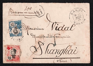 1915 (10 Nov) Registered international cover from Hanoi (Indo-China) to Shanghai (China), franked with Red Cross semi-postal 10c + 5c, and 25c (Indo-China), canceled by Hanoi postmark. Via Haiphong (Indo-China) November 10, 1915, on the back side. Arrive in Shanghai November 23, 1915. Extremely rare, postmark on back "Shanghai Local Post, China"