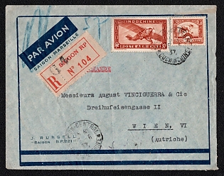 1937 (25 Jun) Registered international airmail cover from Saigon-Central (Indo-China) to Vienna (Austria), franked with airmail stamp of 30c and 30c (Indo-China), canceled by Saigon-Central postmark. Arrive in Vienna July 4, 1937