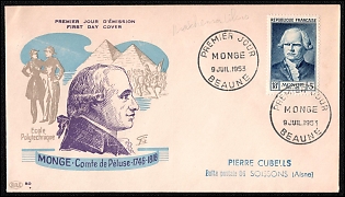 1953 (9 July) French Republic, 'Gaspard Monge', Commemorative First Day Cover franked with 18f tied by 'Premier Jour Beaune' Cancellation