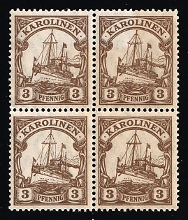 1919 3pf Caroline Islands, German Colonies, Kaiser’s Yacht, Germany, Block of Four