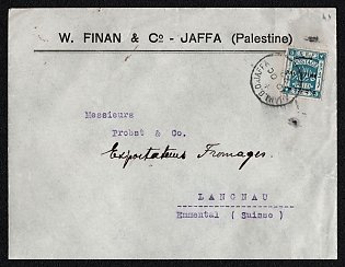 1922 (10 Oct) International cover from Jaffa (Palestine) to Langnau (Switzerland), franked with 3m and 1p, all with overprint Palestine (Palestine) on reverse, canceled by Jaffa B.O. postmarks. Arrive in Langnau October 18, 1922