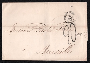 1856 (27 Mar) Pre-philatelic stampless international letter sheet from Constantinople (Turkey) French P.O. to Marseille (France), Constantinople origin postmark. Payment postmark handwritten "20" decimes rate marking on front. Arrive in Marseille April 6, 1856