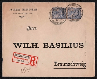 1901 (31 Jan) Registered cover from Constantinople (Turkey) to Braunschweig (Germany), franked with a pair of 20p with overprint 1pi (German Post in Turkey), canceled by "Constantinopel / Deutsche Post" CDS. Red "Deutsches Postamt Constantinopel 2" registration label (No. 96). Braunschweig arrival, February 3, 1901