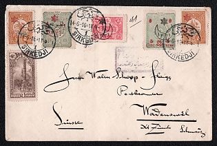 1916 (14 Jun) International censored cover from Constantinople (Turkey) to Wadenswil (Switzerland), franked with 4pa, 10pa with overprint, two 5pa with additional overprint, 20pa with overprint, 5pa on 10pa with overprint (Turkey), canceled by "Sirkedji" potmark, railway station in Constantinople. Violet Turkish military censorship marking on the front. Wadenswil arrival July 23, 1916. Sent by "Direktion Orientbahn" (Oriental Railway)