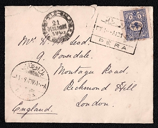 1901 (21 Dec) International cover from Pera (Turkey) to London (Great Britain), franked with 1pi (Turkey), canceled by Pera box postmark. Via Cons-ple-Galata/Depart (Constantinople, Galata), December 21, 1901. No arrival postmark