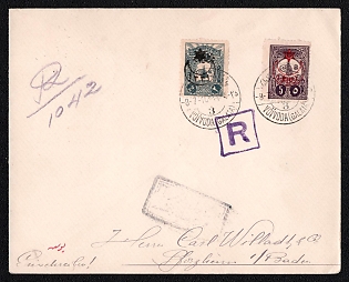 1916 (8 Jul) Registered censored cover from Voivoda/Galata (Turkey) to Pforzheim (Germany), franked with 2pa with overprint and 5pa with overprint, canceled by  Voivoda/Galata postmark. Framed Turkey black censored handstamp. Via Stamboul July 8, 1916. Pforzheim arrival July 15, 1916
