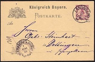 1884 Bavaria, German States, Germany, Postcard from Landau to Dettingen (Württemberg), Rare Horseshoe Arival Postmark Oberndorf a. Neckar