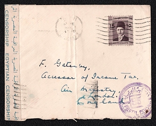 1940 (12 Jun) International censored cover from Egypt to London (Great Britain), franked with 15m (Egypt), Via (unreadable town), June 14, 1940 postmark on back side. Egyptian censor tape "OPENED BY CENSOR / EGYPTIAN CENSORSHIP". Violet cachet postal censor/55 on the front. Arrived in London on September 4, 1940, large red cachet "4 SEP 1940 / PERSONAL LETTERS / AIR MINISTRY / 13" arrival