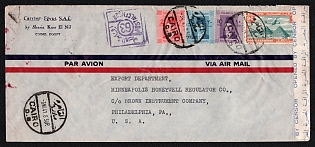 1941 (3 May) International airmail censored cover from Cairo (Egypt) to Philadelphia (USA), franked with 2m, 10m, and 20m, 90m airmail issue (Egypt), canceled by Cairo postmark. Cairo postmark on the back side May 5, 1941. Egyptian censor tape "OPENED BY CENSOR / EGYPTIAN CENSORSHIP". Violet cachet postal censor/63 on the front. Arrived in Philadelphia June 7, 1941