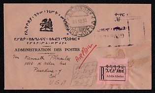 1953 (25 Dec) International stampless registered airmail cover from Addis Abeba (Ethiopia) to Pasadena (USA), franked with violet "PREPAID" cash payment cachet (Ethiopia), canceled by Addis Abeba postmark. Arrive in Pasadena December 29, 1953. Issued to the recipient December 30, 1953