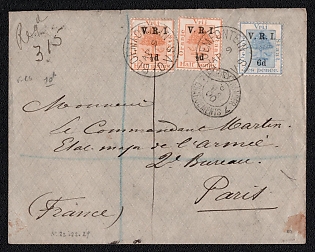 1900 (9 Apr) International registered cover from Bloemfontein (Orange Free State, British occupation) to Paris (France), franked with two 1/2d on 1/2d and 6d on 6d (Orange Free State, British occupation), canceled by Bloemfontein postmark. Via Capetown April 17, 1900. Arrive in Paris May 6, 1900. Issued to the recipient May 7, 1953
